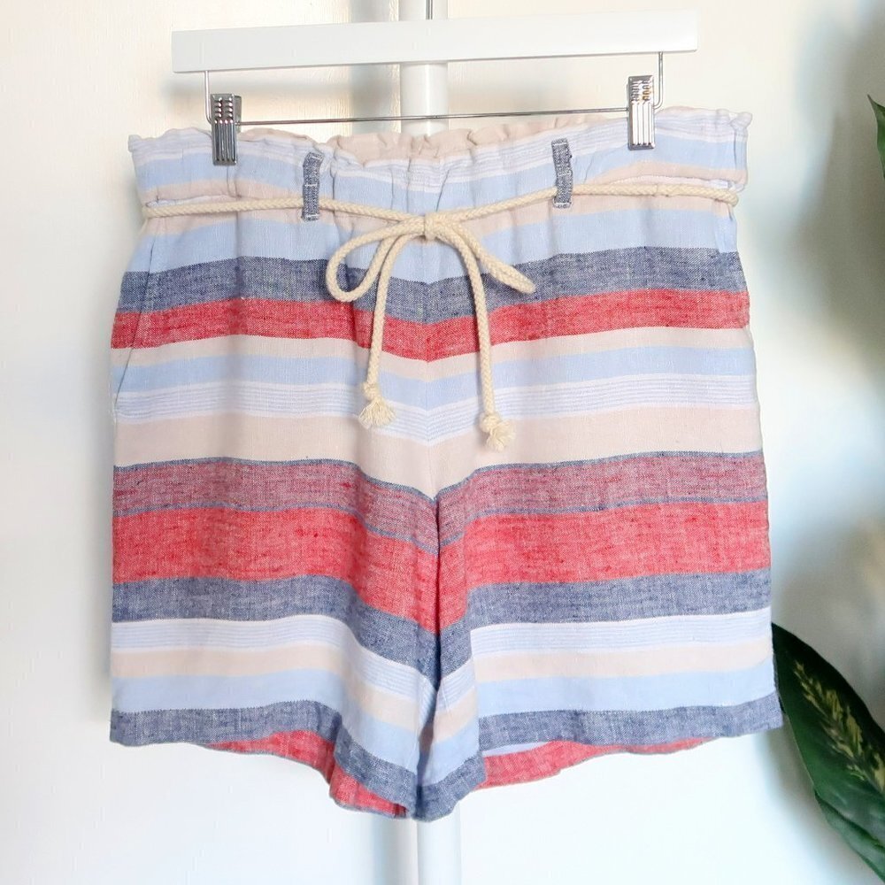 J. Jill 100% Linen Red, Blue & Cream Stripe High Rise Rope Cord Belt Shorts M